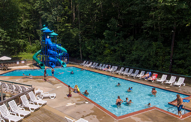 aerial view of swimming pool and slides